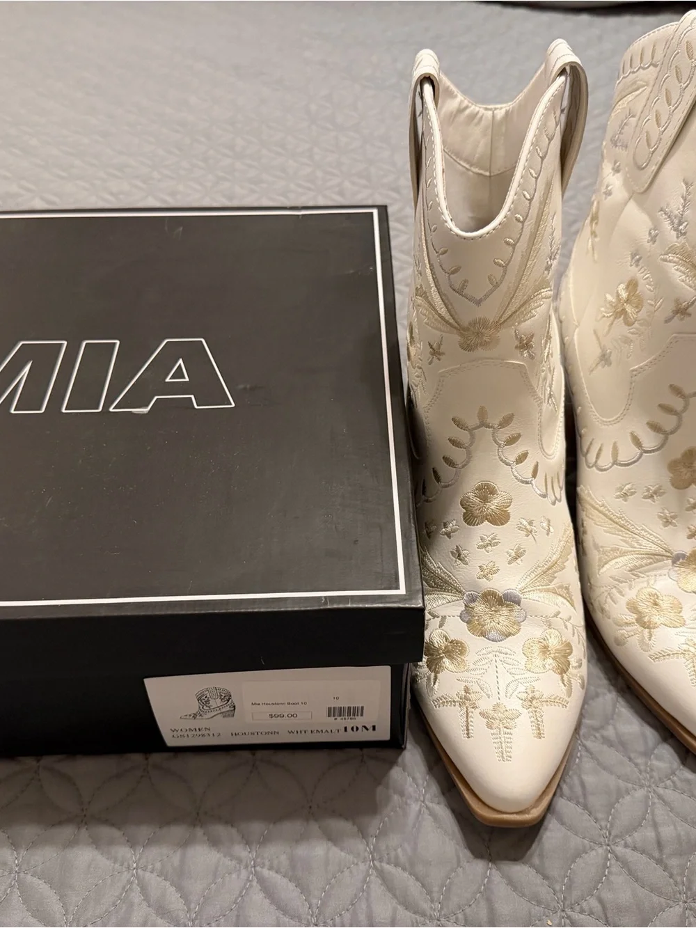 MIA Cream Floral Embroidered Western Ankle Boots